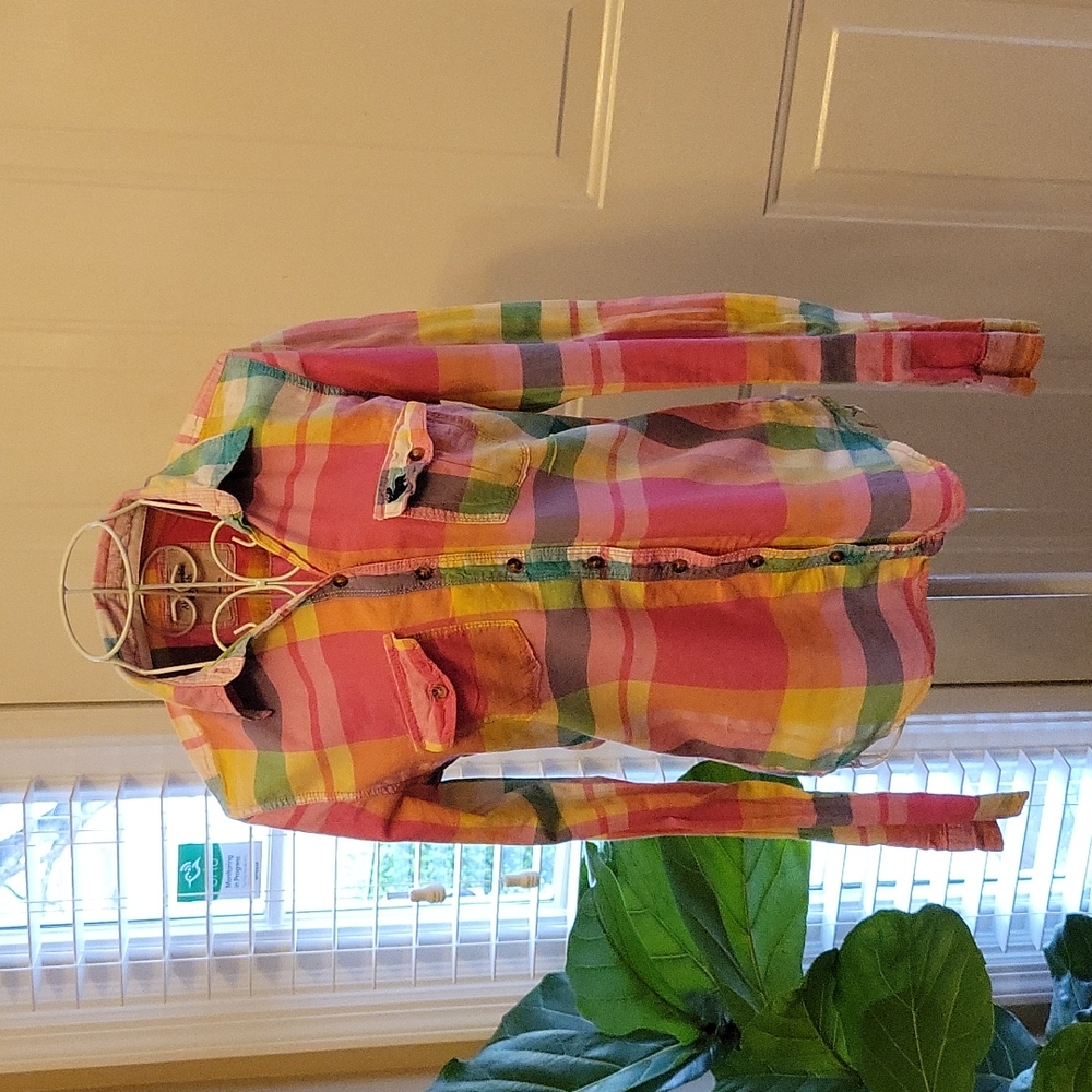 ABERCROMBIE & FITCH pink purple aqua yellow plaid long slv 2 pocket shirt  Sm…
